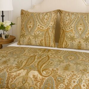 Pottery Barn Elegant Paisley Two Pillow Shams Covers in Gold and Cream